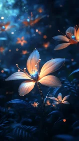 Bioluminescent flowers emit controlled light in a dark forest