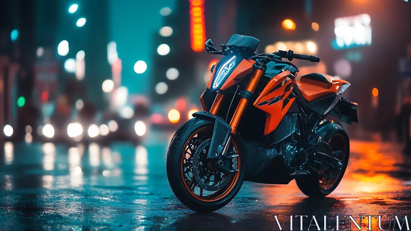 Orange sport motorcycle on wet city street at night.