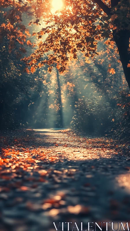 Sunlit forest path framed by golden autumn foliage.