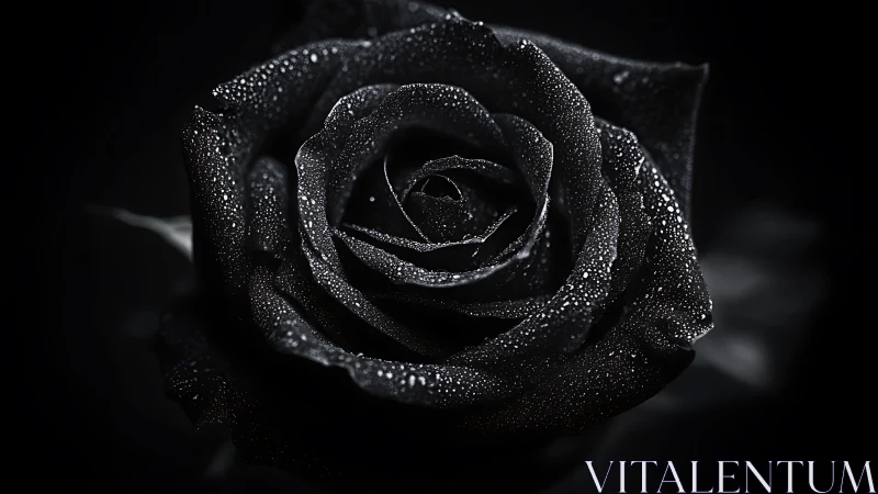 Midnight black rose glistens with dewdrops in soft darkness