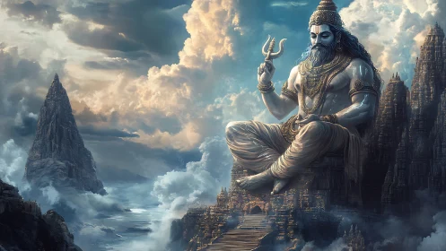 Majestic godlike figure seated above misty mountain temples
