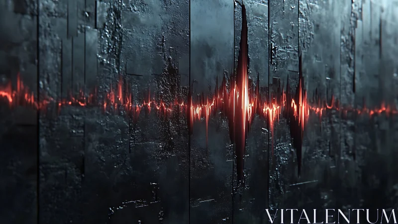 Cyberpunk waveform corridor on fragmented metallic soundwall.