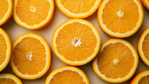 Halved orange citrus slices arranged in regular surface pattern.