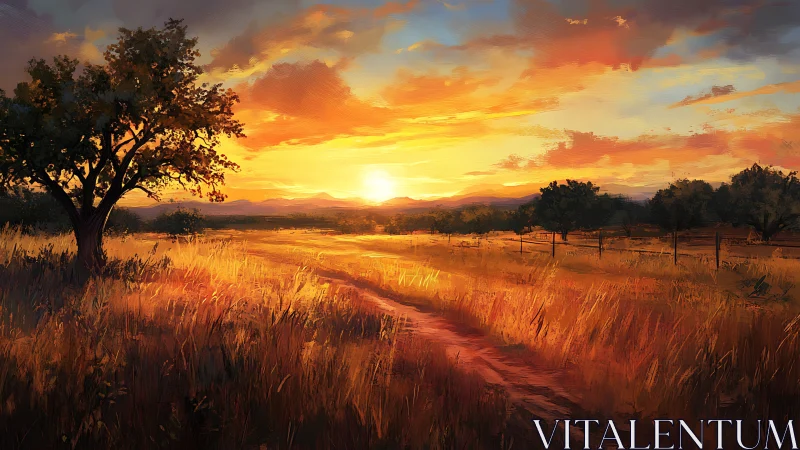 Golden dirt road wandering into a wildfire sunset hush.