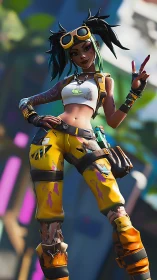 Streetwise cyber heroine strikes a playful victory pose.