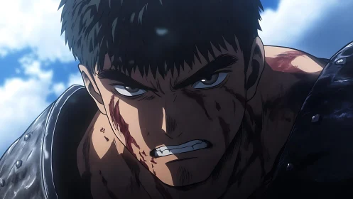 Battle worn anime warrior with bloodied determined face.