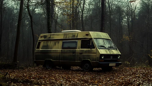 Cozy vintage camper van resting quietly in a misty forest.