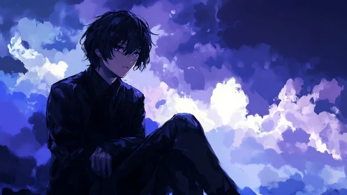 Brooding anime boy beneath luminous violet storm clouds.
