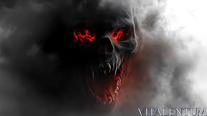Demonic skull emerging from dense smoke with burning eyes.