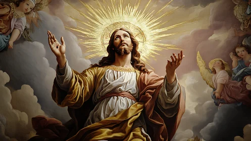 Radiant ascension tableau with haloed central messianic figure.