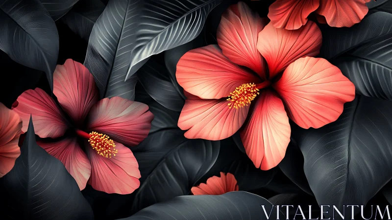 Red Hibiscus Blooms Against Dark Foliage.