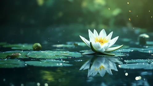 White lotus drifts on tranquil pond in soft golden light.