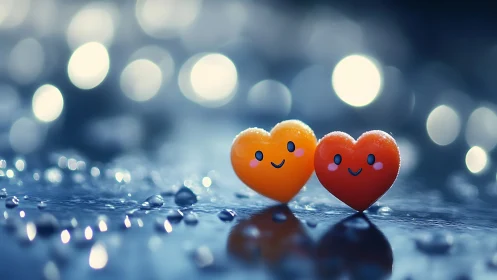 Anthropomorphic Hearts on Wet Surface with Bokeh Lighting.