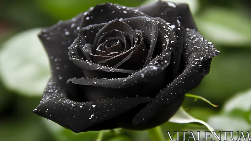 Nocturne rose glistens in midnight velvet raindrops.