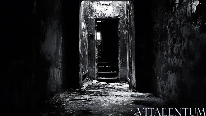 Monochrome abandoned corridor with decayed stairwell depth