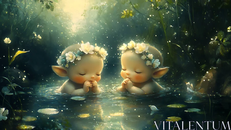 Digital painting of twin forest sprites in luminous pond.