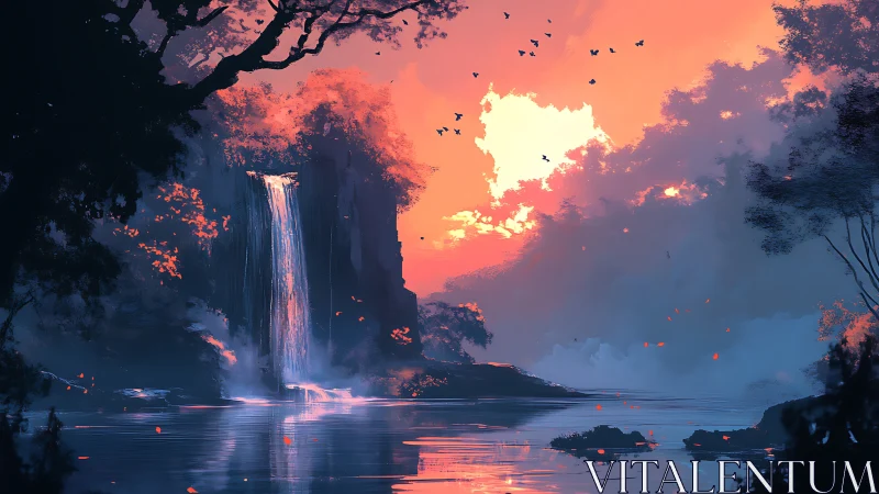 Digital sunset landscape with waterfall and forest lake.