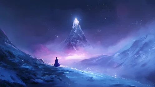 Solitary figure observing illuminated distant ice peak.