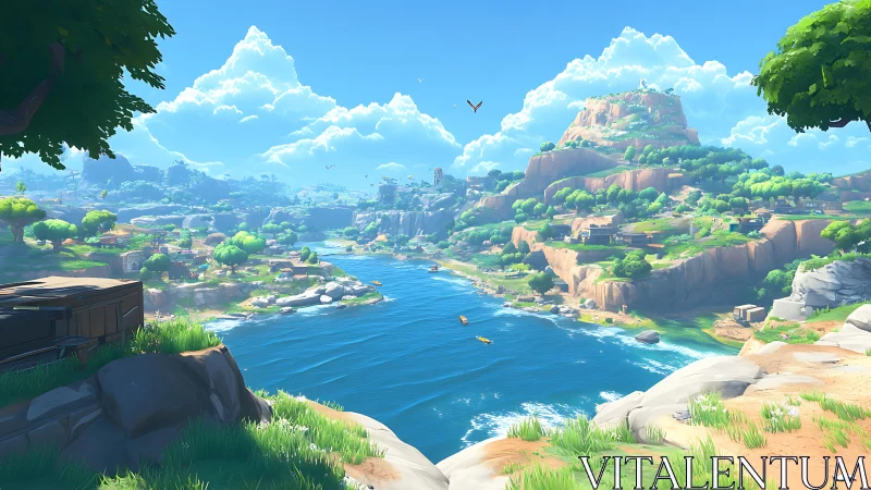 Verdant Valley Awakens: Mountain Kingdom's Flowing Heart Beneath Boundless Skies.