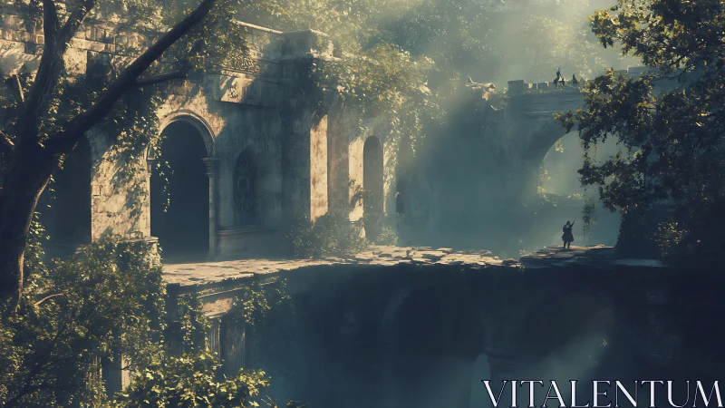 Adventurer crosses mist-laden bridge amid overgrown ruins