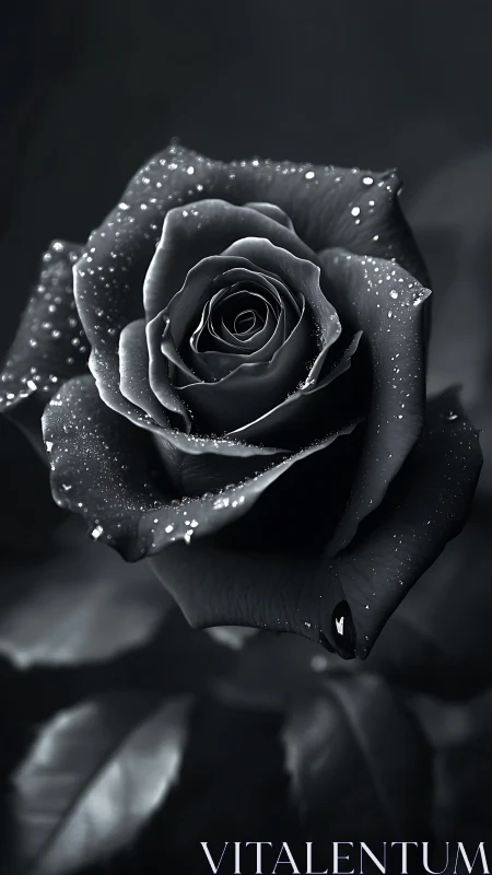 Midnight rose unfurls in silvered dew and velvet shadow.