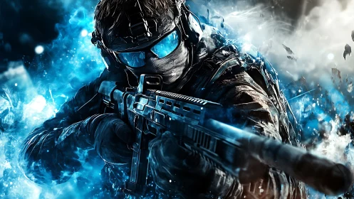 Futuristic soldier with rifle in blue energy storm combat.