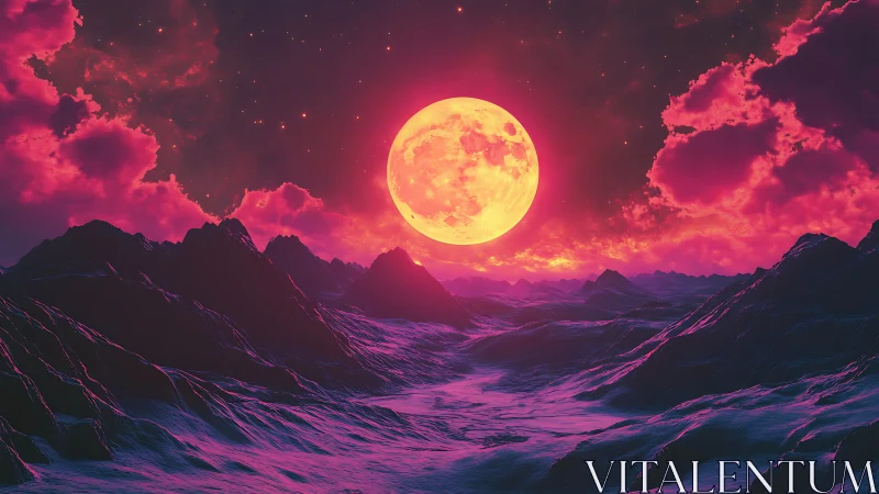 Luminous pink moon gently crowns a surreal alien horizon