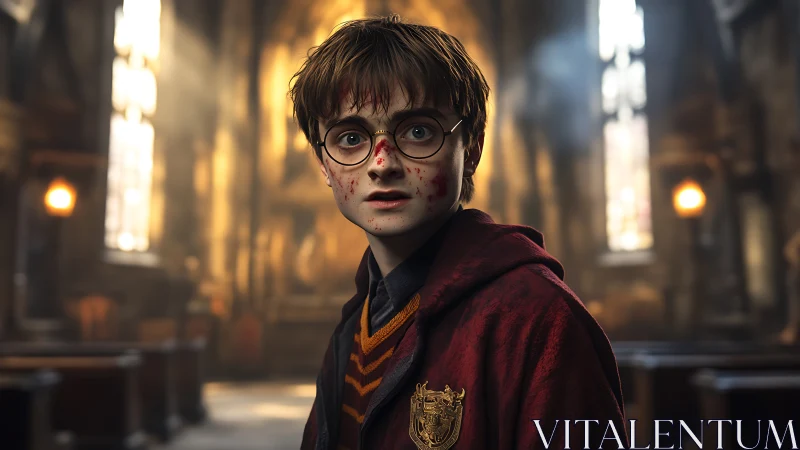 Young wizard stands wounded inside dim gothic hall