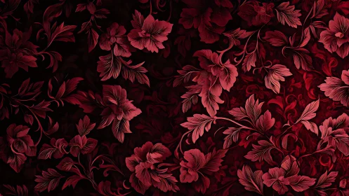 Deep Crimson Botanical Tapestry with Ornamental Floral Engraving.