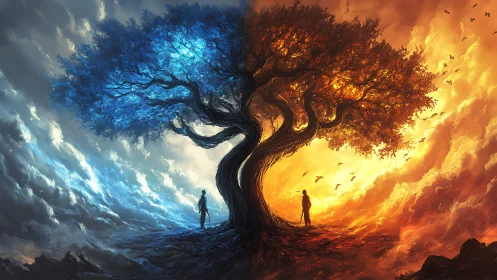 Twin elemental tree welcomes two wanderers at twilight’s edge