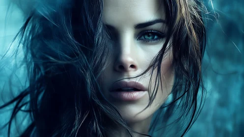 Moody portrait shows intense teal-lit female face closeup.
