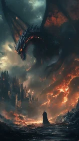 Dark knight confronts colossal fire dragon over burning city.