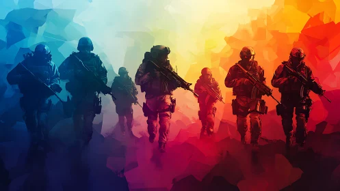 Bold squad moving through radiant blue to red light.