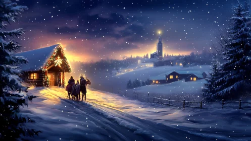Starlit sleigh road to a glowing winter chapel horizon.