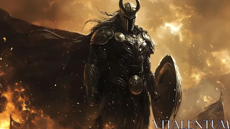 Dark armored guardian standing strong in a storm of fire.