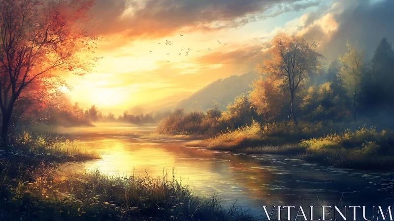 Sunlit autumn river curves through trees at golden sunset