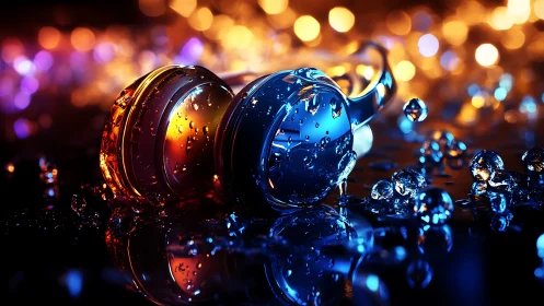 Photorealistic macro of wet chromatic headphones on bokeh stage.