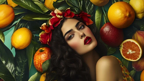 Opulent citrus muse amid lush leaves in rich color tableau.