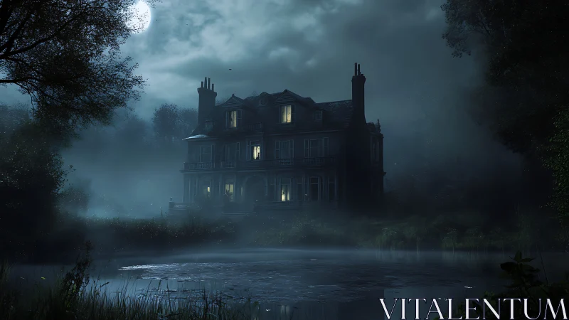 Moonlit manor house stands by mist-covered reflective lake