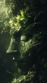 Verdant forest goddess in serene profile, dappled light.
