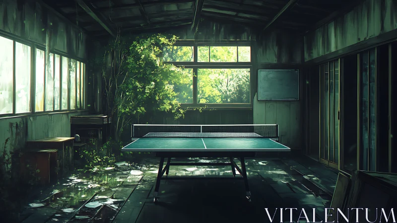 Table tennis table stands in deteriorated sunlit interior