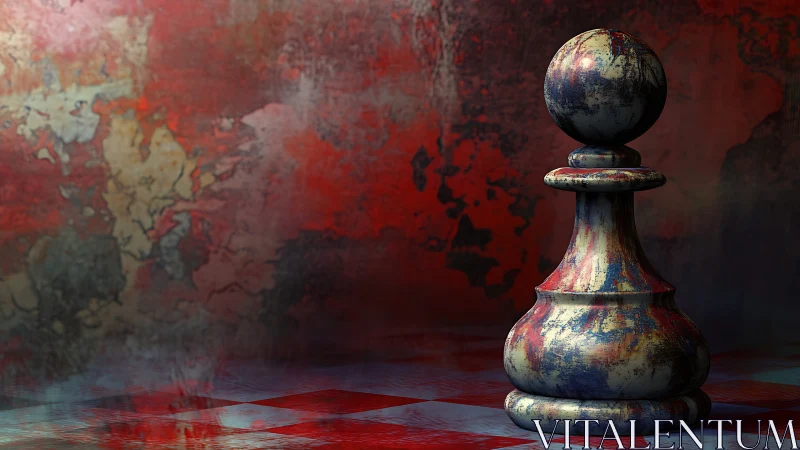 Textured chess pawn on distressed red abstract board surface