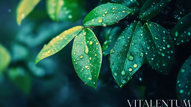 Rain-kissed emerald leaves glimmering in quiet twilight hush.