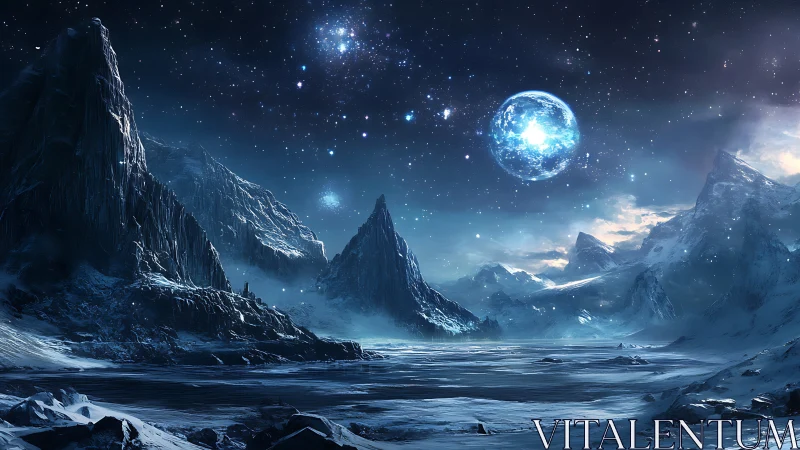 Frozen alien valley beneath luminous blue planet.