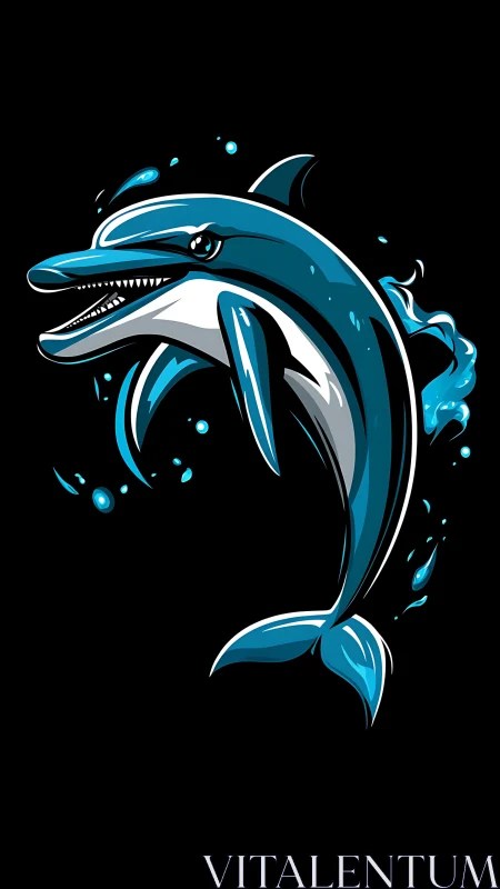 Stylized blue dolphin illustration on solid black background.