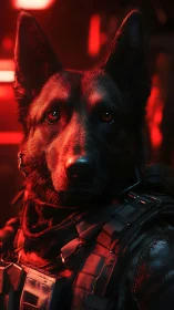 Loyal cyber hound standing guard in glowing red light.