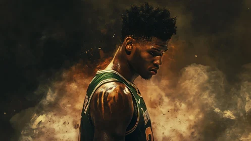 Focused basketball player stands against swirling smoky backdrop