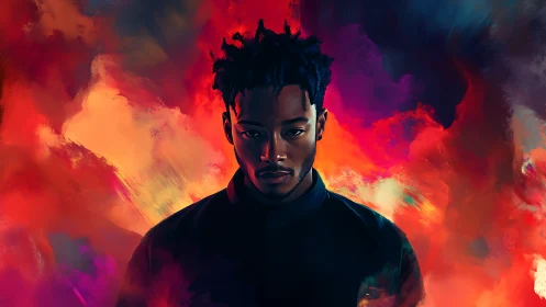 Digital portrait isolates central figure against high-contrast chromatic nebula