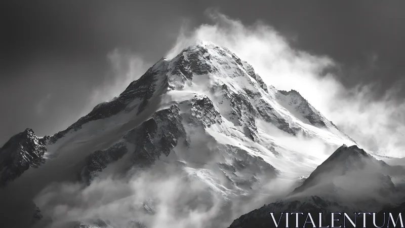 Snow covered mountain peak rises through dense swirling cloud