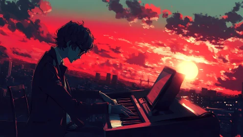 Anime rooftop pianist against neon red urban sunset sky.